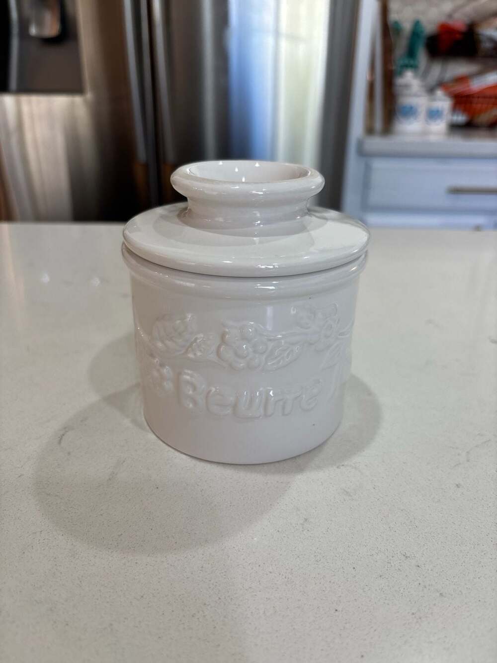 The Original Butter Bell Crock White Raised Floral Ceramic French Butter Keeper